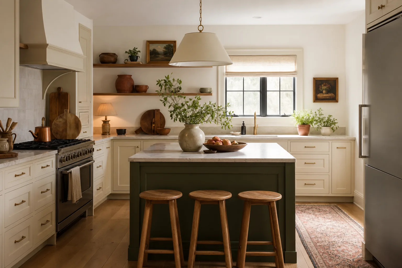 Beautiful warm kitchen with styled counters, open shelves, olive and terracotta accents and natural wood decor