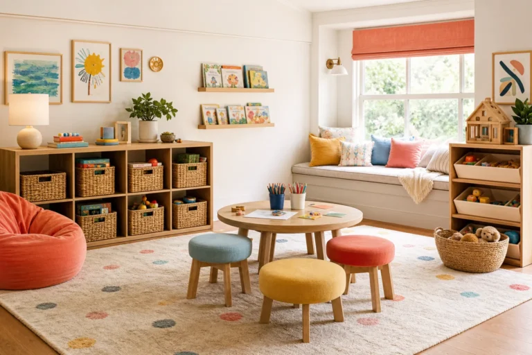 Beautiful organized kids playroom with activity zones, low toy storage, craft table, reading nook and colorful accents