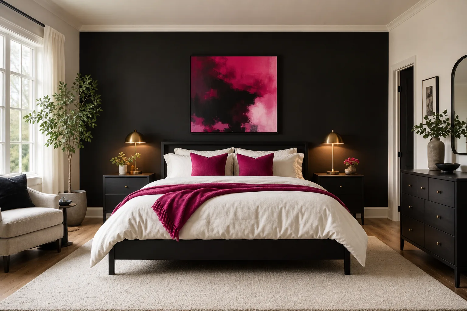 Balanced black and hot pink bedroom using black walls, warm white bedding and controlled fuchsia accents