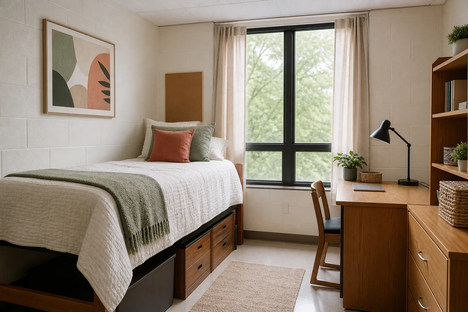 Coordinated dorm room color palette with warm white bedding, sage green accents, terracotta pillows and natural wood storage