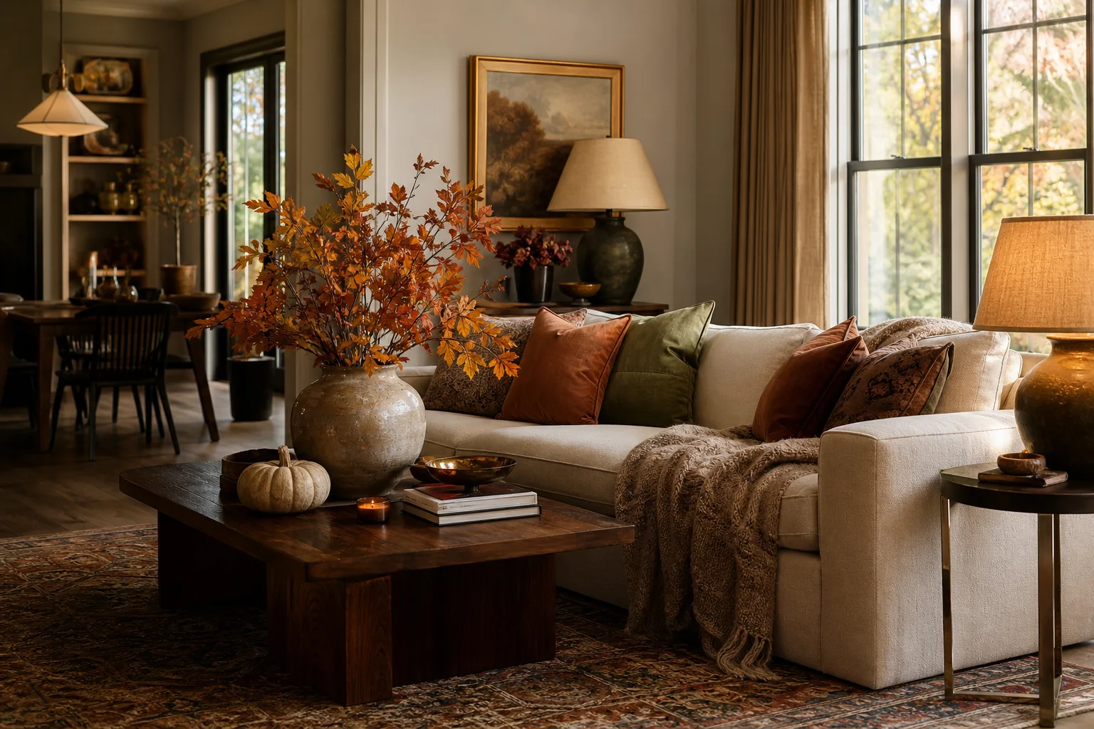 Cozy fall living room with a cream sofa, rust and olive pillows, autumn branches and warm layered lighting