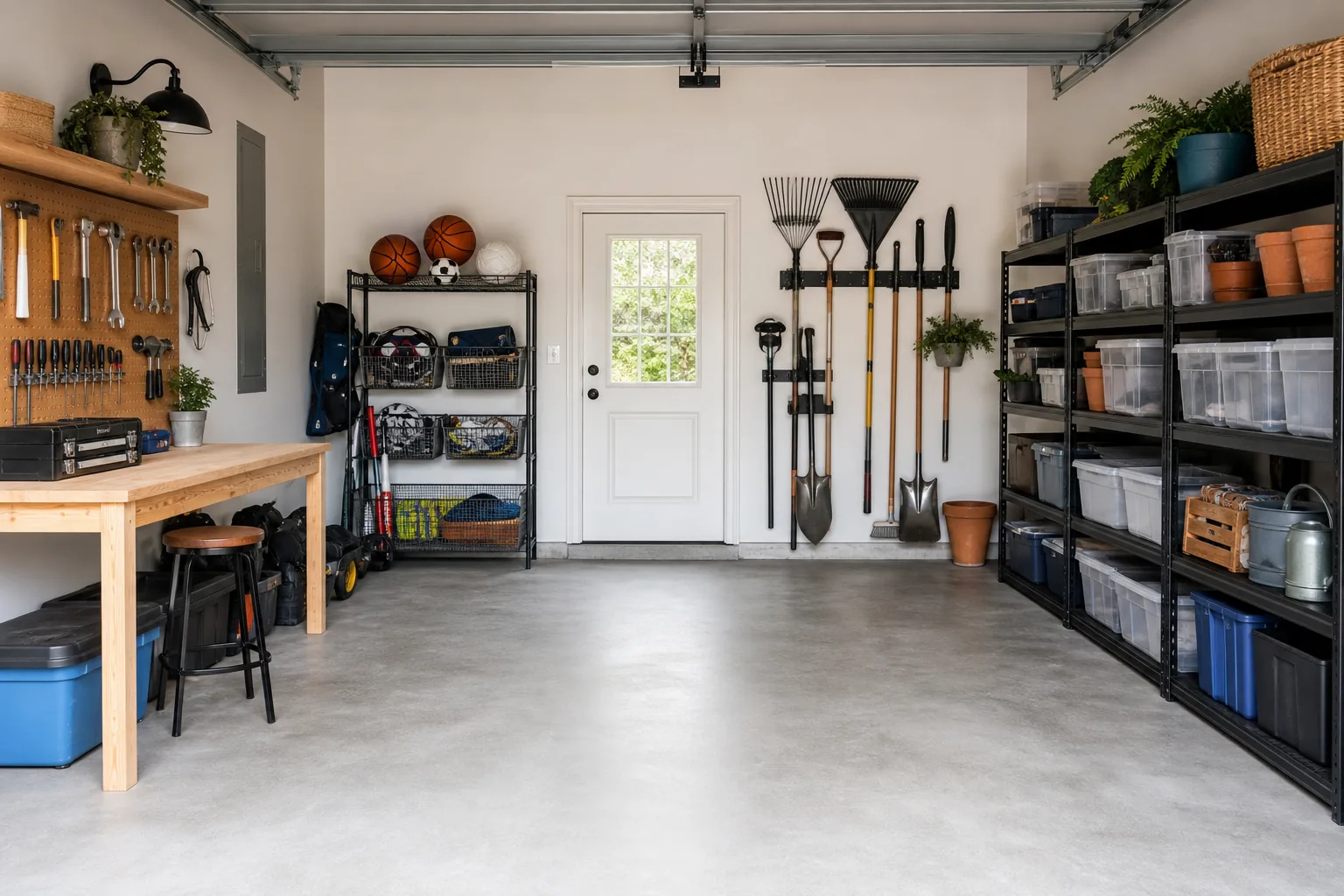 Organized garage divided into clearly defined tool, sports, garden and storage zones with an open floor