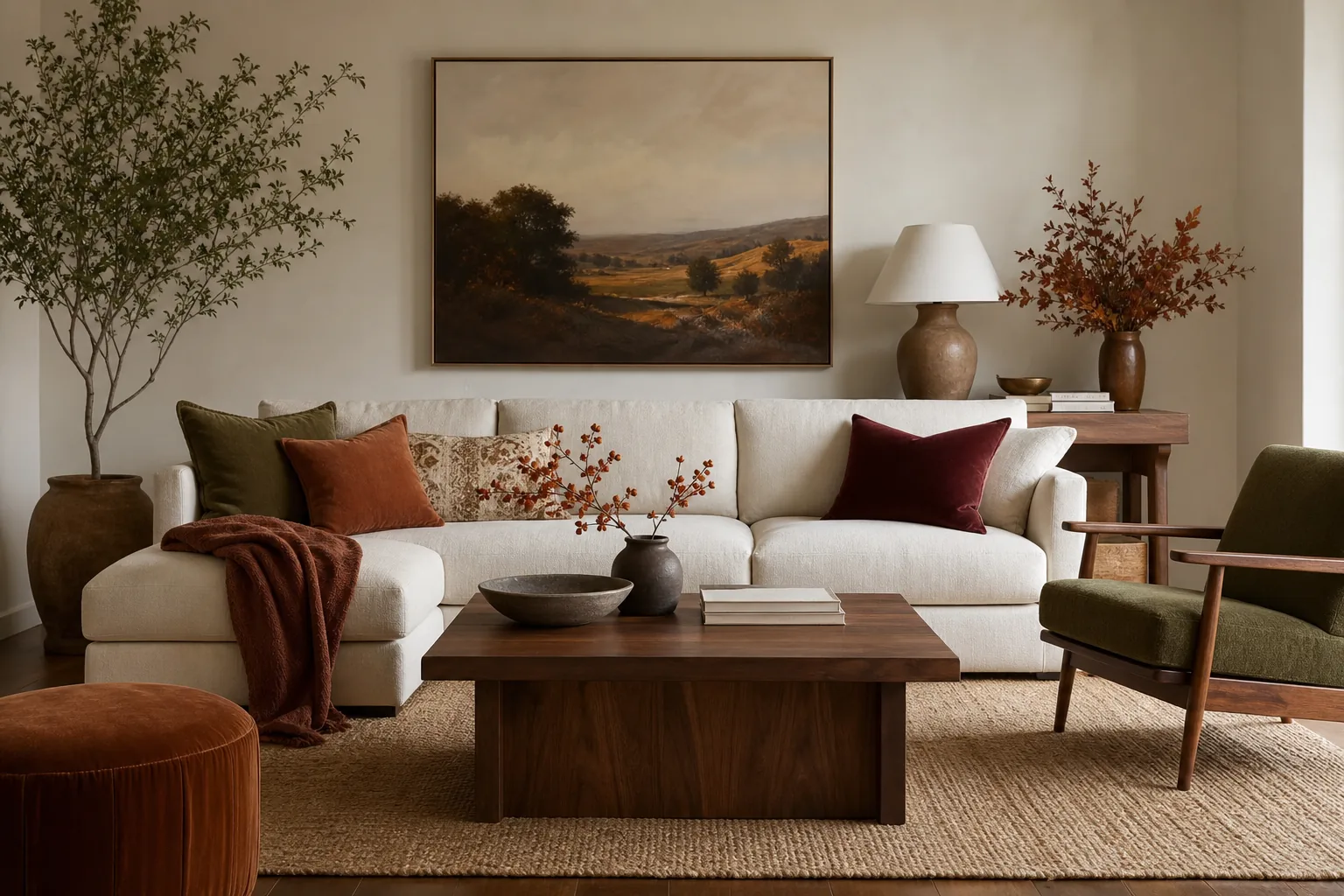 19 Fall Living Room Decor Ideas for 2026 That Feel Cozy and Collected 2 Elegant fall living room in cream, walnut, muted terracotta and olive green