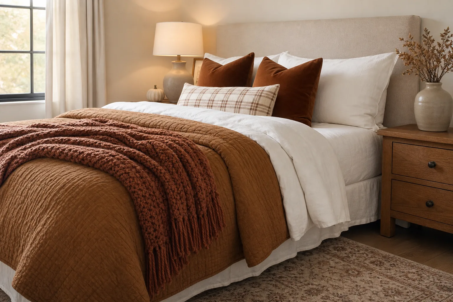Cozy fall bedroom with layered cream bedding, a caramel quilt, rust knit throw and plaid pillow