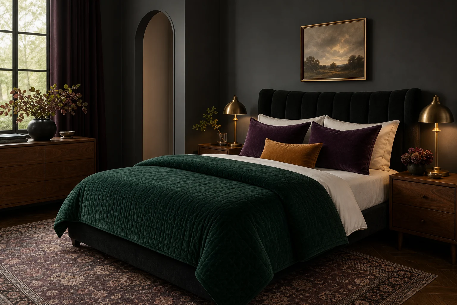 Black Nouveau bedroom with charcoal walls, emerald bedding, aubergine pillows and warm brass lighting