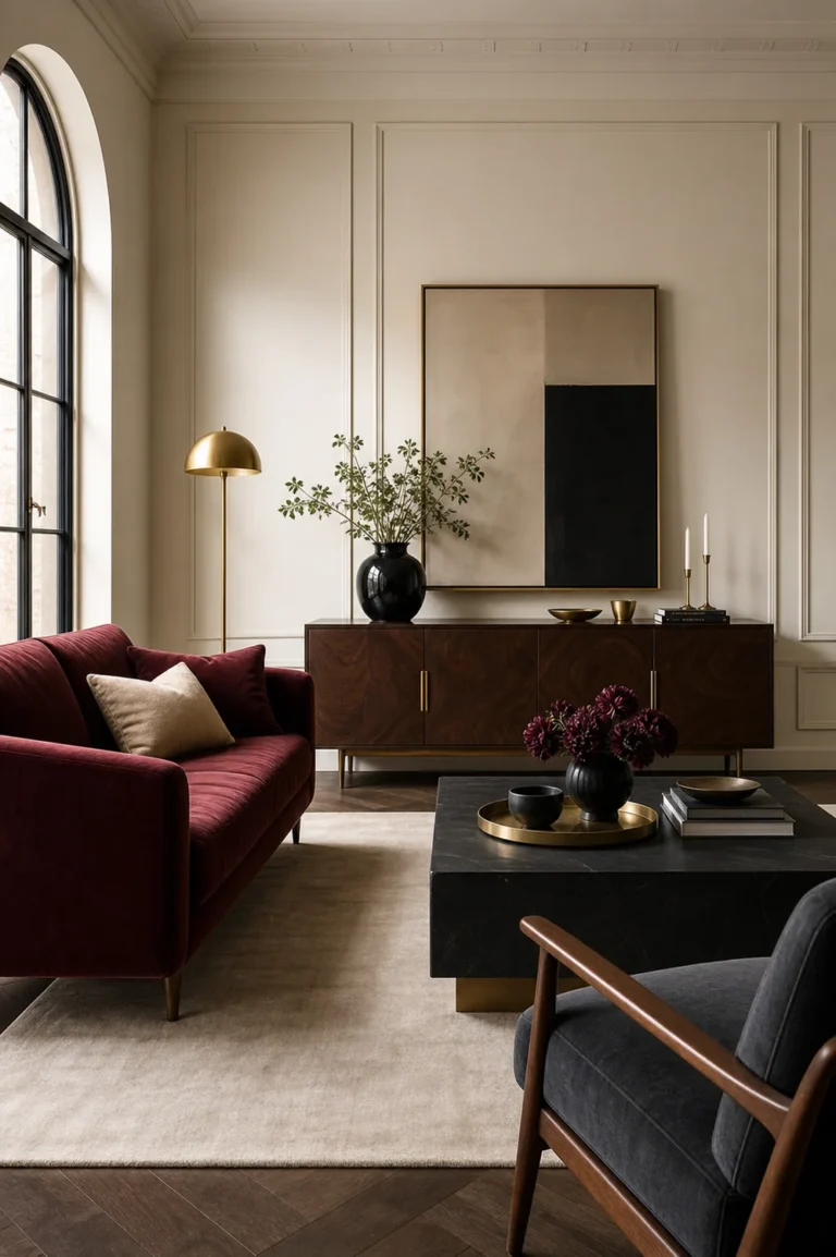 Neo Deco home decor living room with a rich jewel-tone color palette