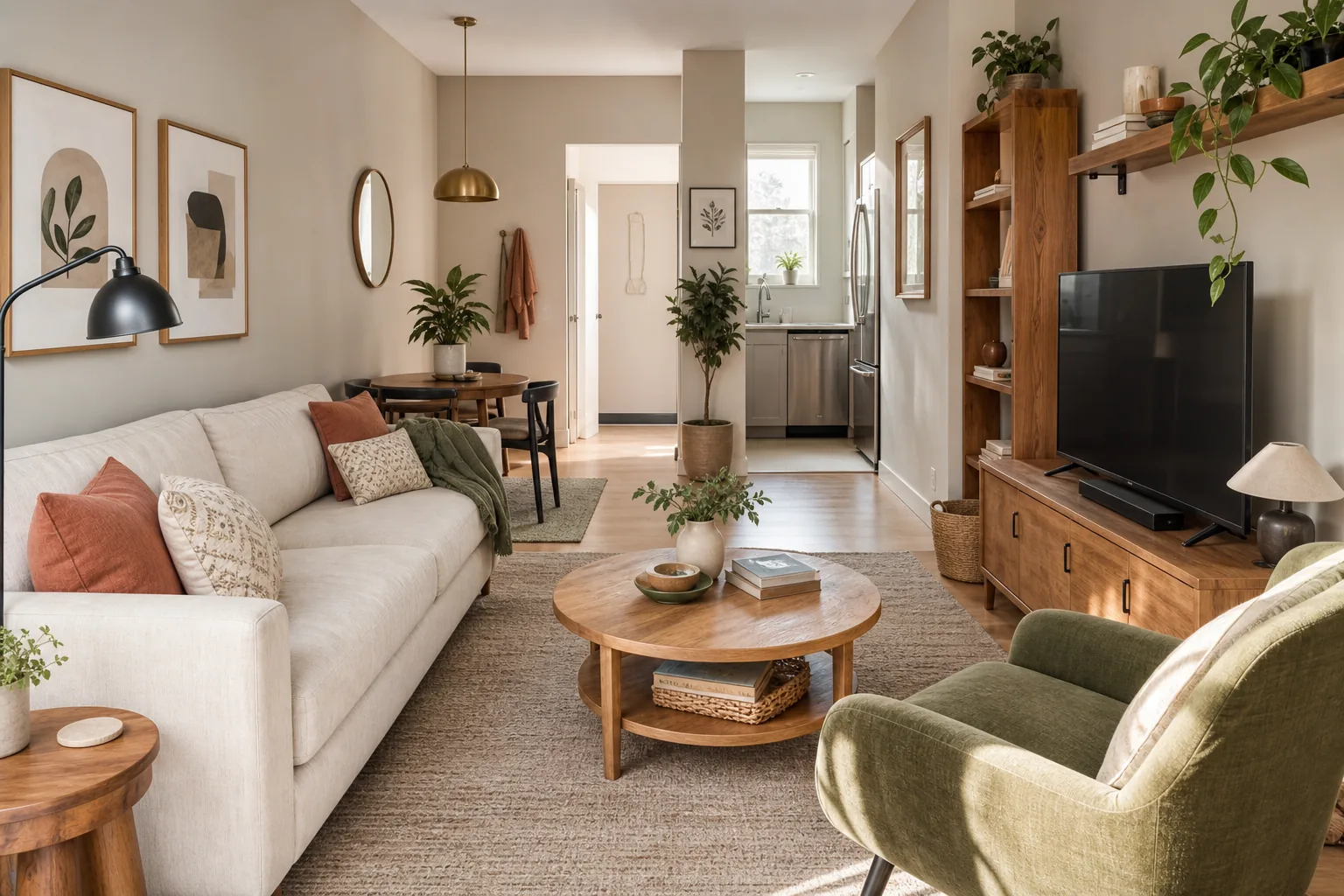 22 Cozy Apartment Aesthetic Ideas That Feel Warm, Not Cluttered 2 Cozy small apartment living room styled in cream, mushroom, warm wood and muted terracotta