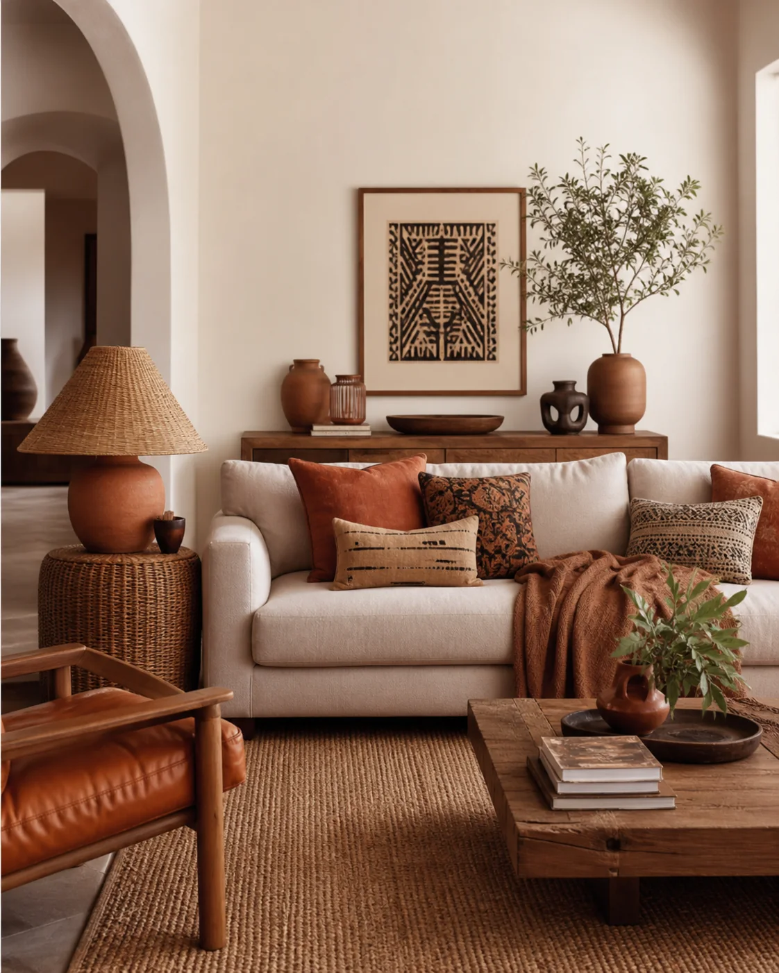Afrobohemian living room with warm earth-tone foundation