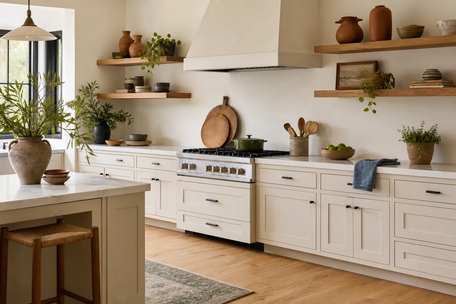Warm modern kitchen with cream cabinets, natural wood, olive green and terracotta accents