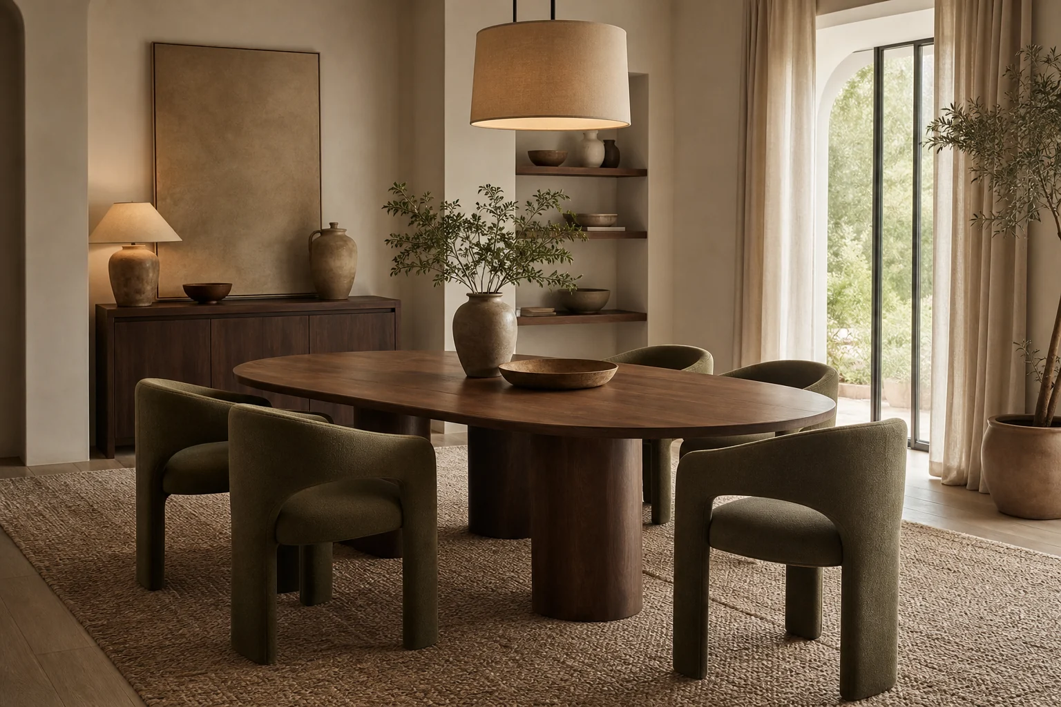 Warm neutral dining room decorating ideas with an oak table and cream chairs