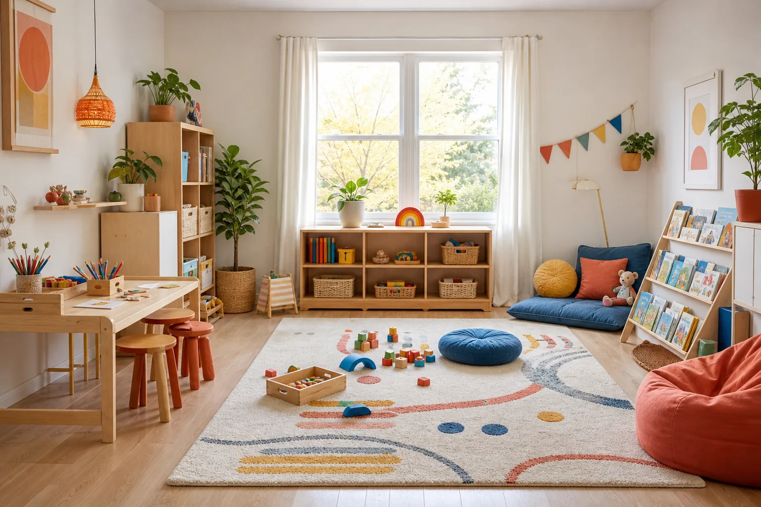 21 Playroom Inspiration Ideas for a Fun, Organized and Beautiful Kids' Space 2 Bright playroom divided into active play, craft and reading zones with low storage and a soft rug