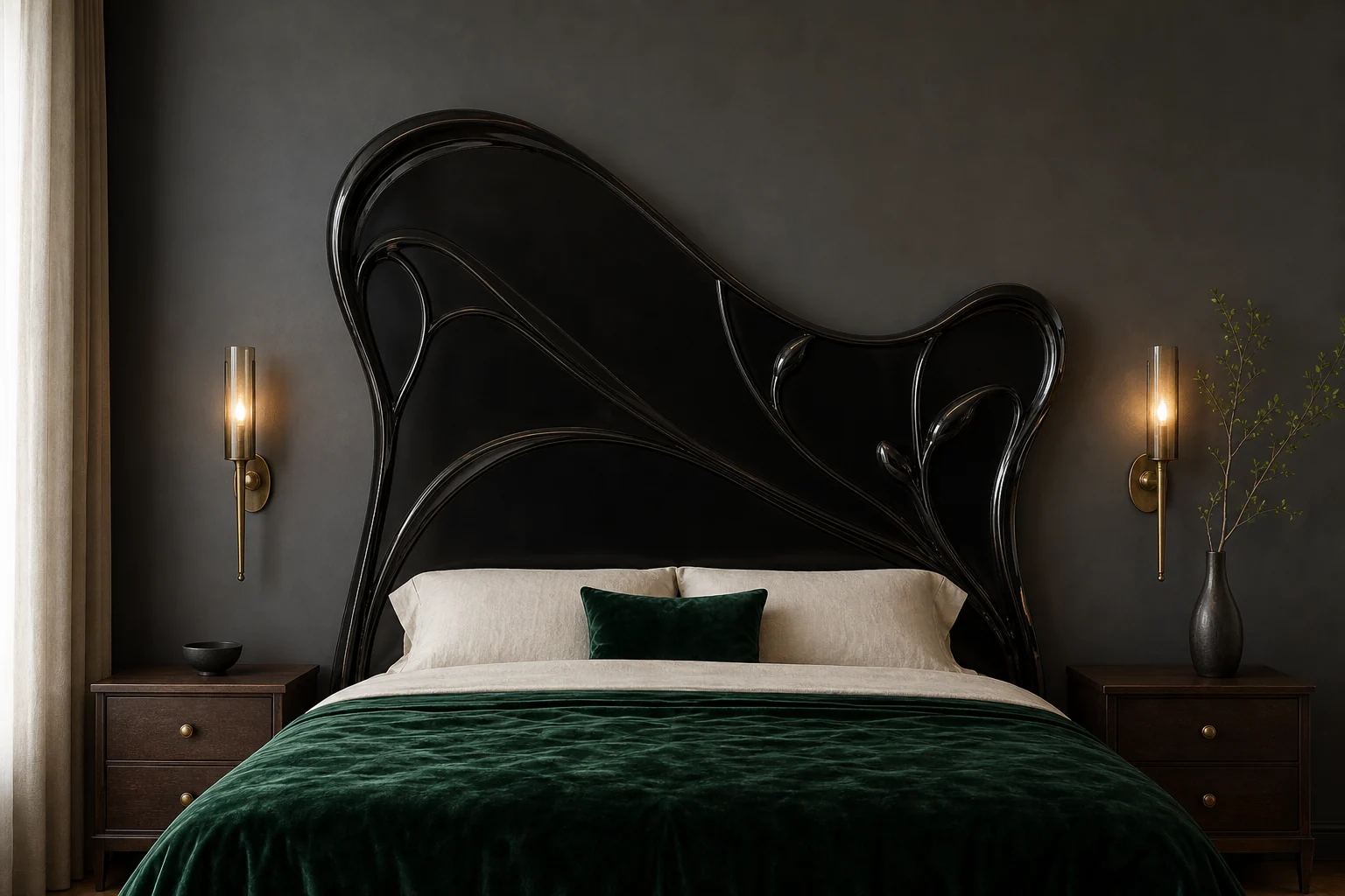 Elegant bedroom with a sculptural curved black headboard, emerald velvet bedding and brass wall sconces