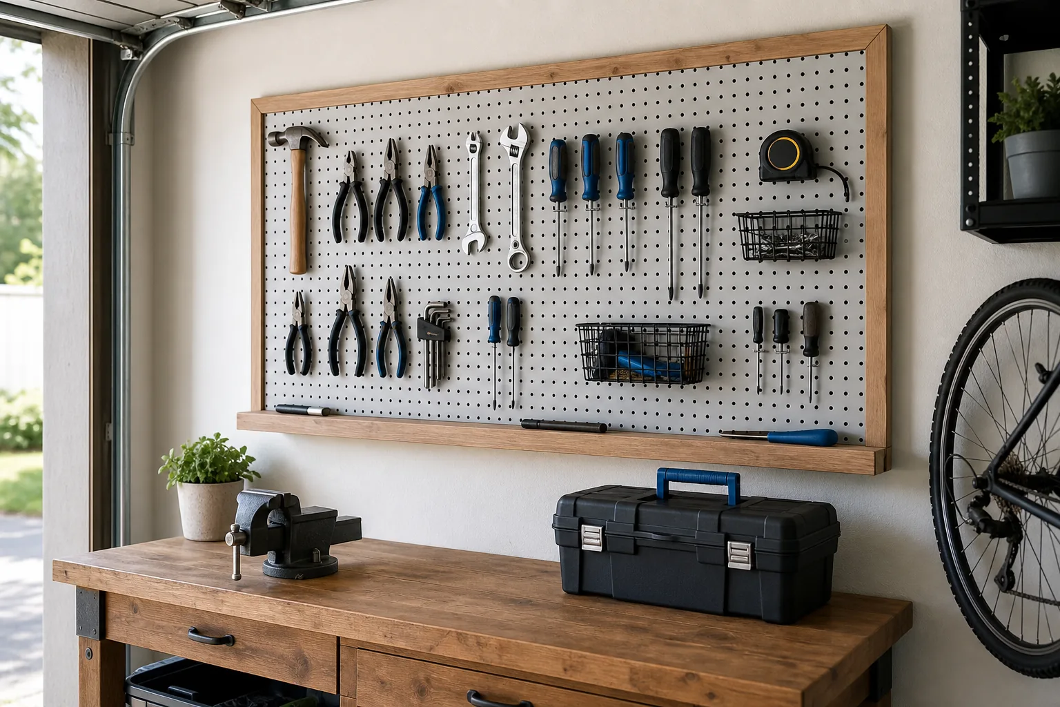 Framed garage pegboard wall organized with hand tools, small baskets and a narrow wood shelf