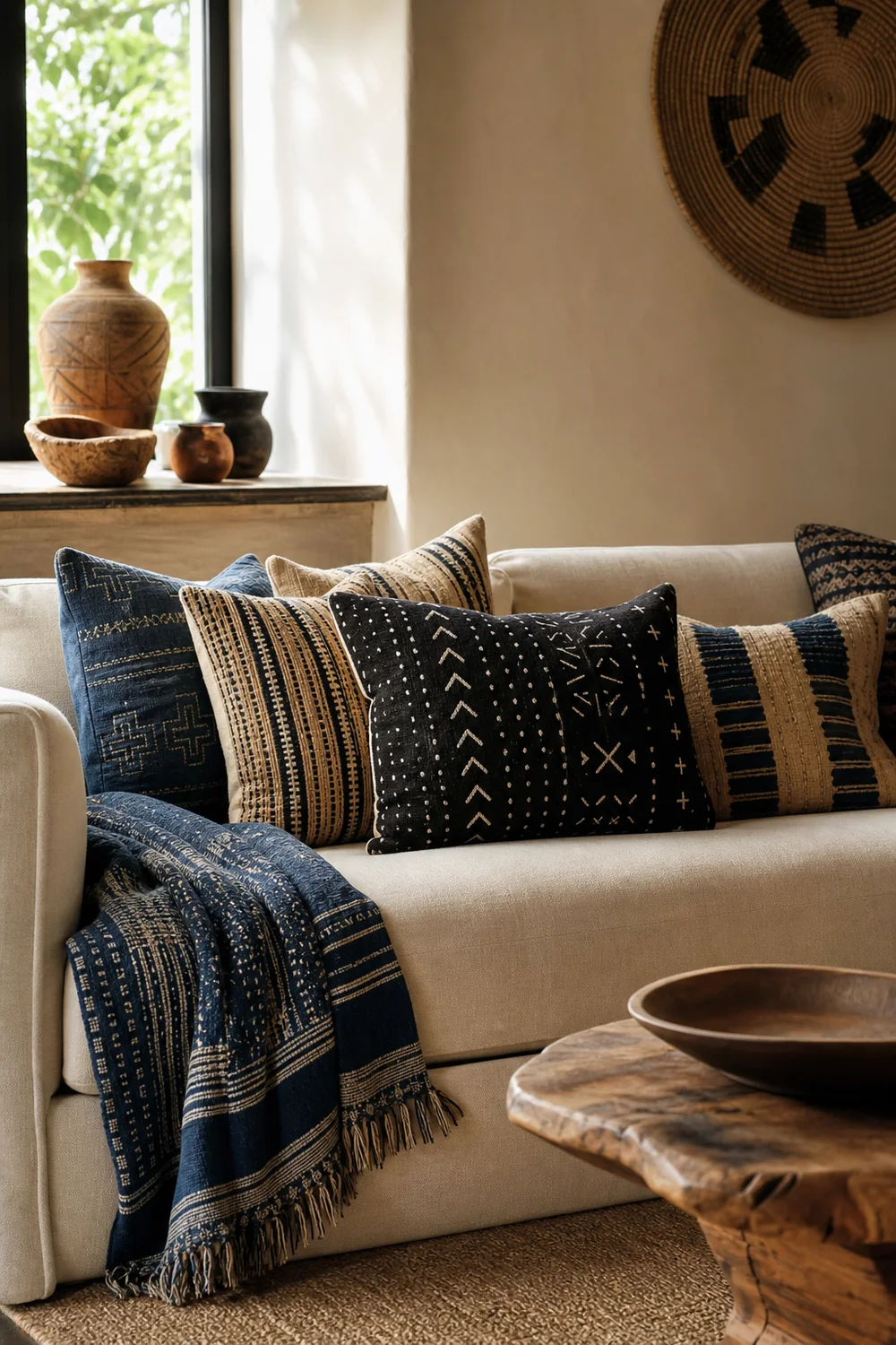 African textiles layered on a simple cream sofa