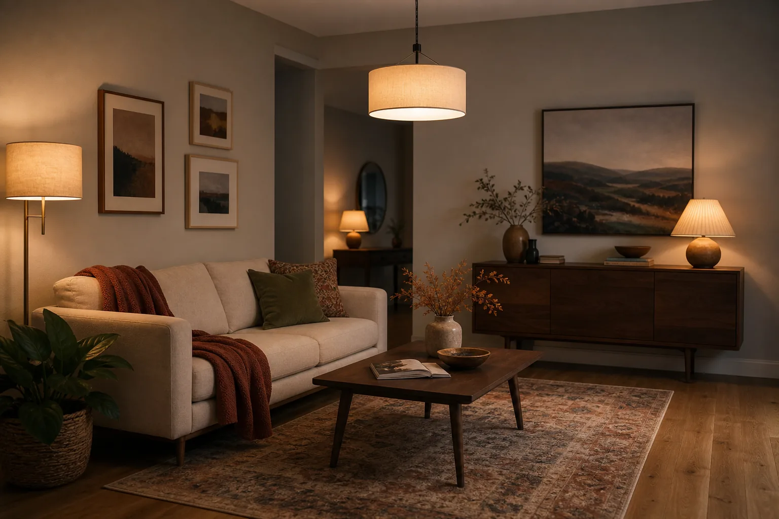 19 Fall Living Room Decor Ideas for 2026 That Feel Cozy and Collected 3 Fall living room at dusk with ceiling, floor and table lamps creating warm layered light