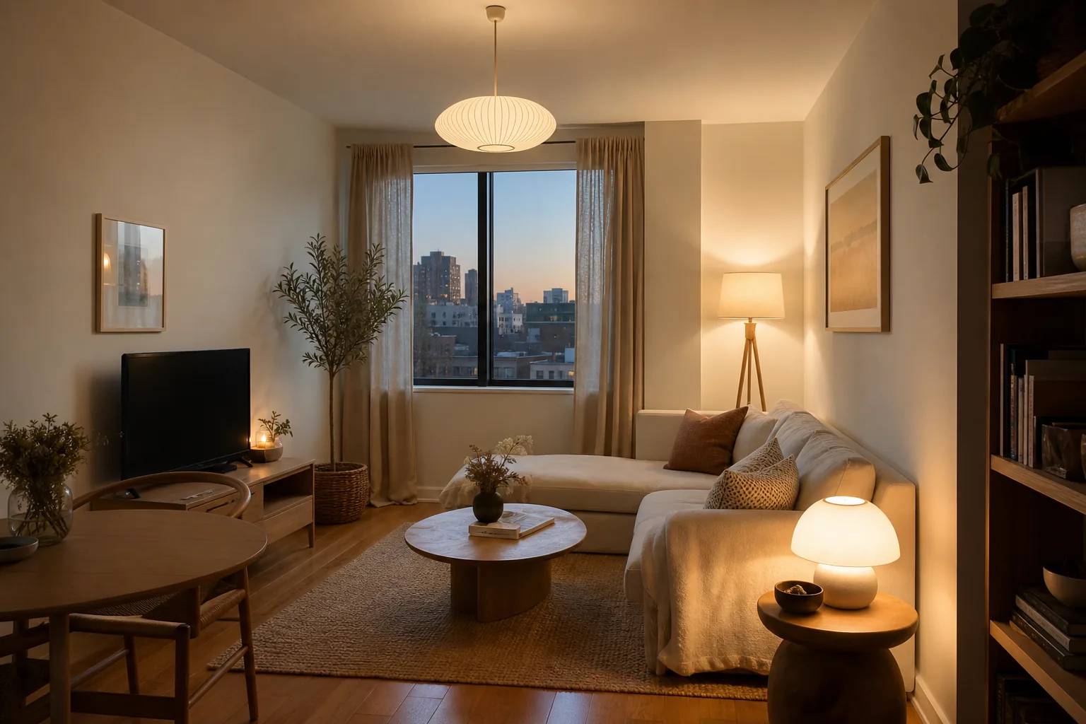 22 Cozy Apartment Aesthetic Ideas That Feel Warm, Not Cluttered 3 Cozy apartment living room at dusk with a ceiling light, floor lamp and glowing table lamp