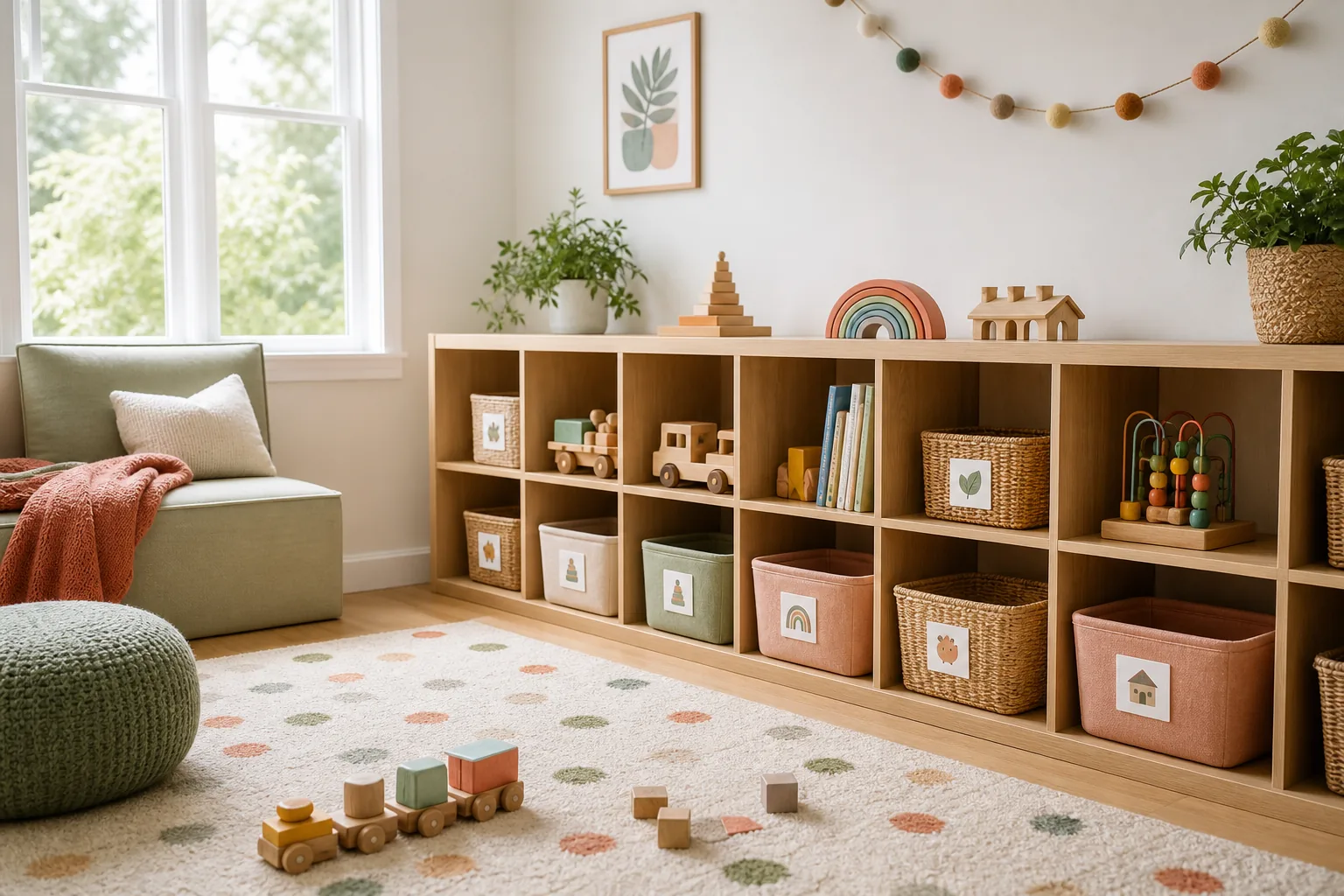 21 Playroom Inspiration Ideas for a Fun, Organized and Beautiful Kids' Space 3 Organized playroom with low wooden cubbies, open toy baskets and picture labels within a child's reach