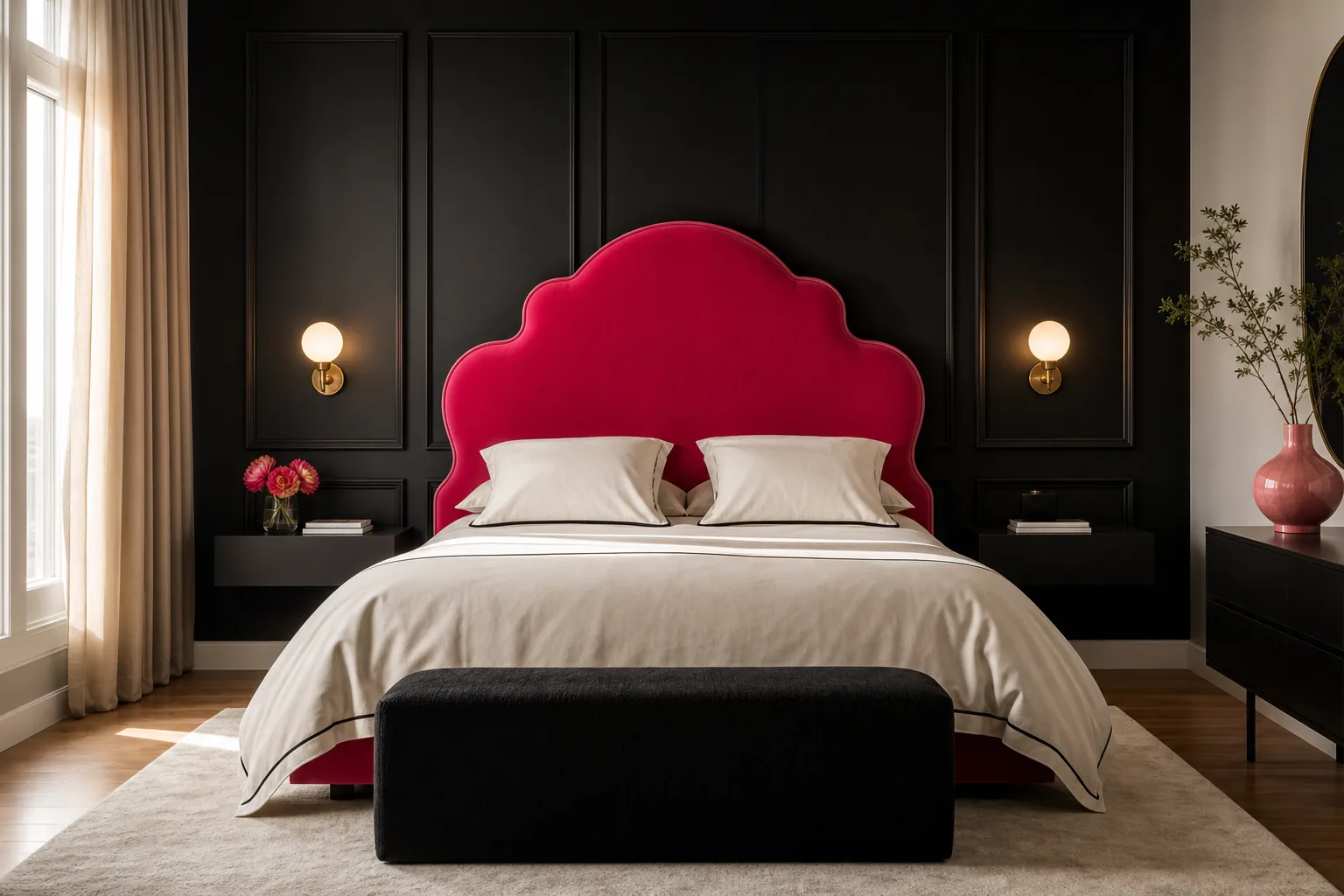 Modern bedroom with a matte black accent wall and sculptural hot pink velvet headboard