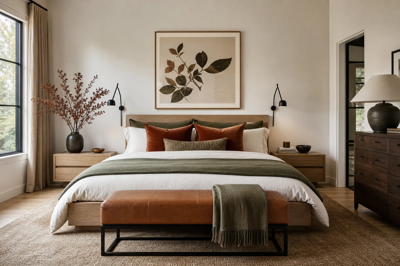 Modern fall bedroom decorated with olive green bedding, rust velvet pillows and a cognac leather bench