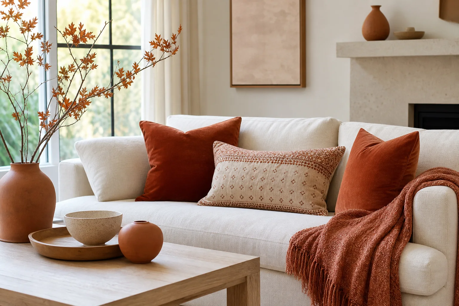 21 Cozy Fall Room Decor Ideas for a Warm, Aesthetic Home 2 Neutral fall living room decorated with rust pillows, a terracotta throw and autumn branches