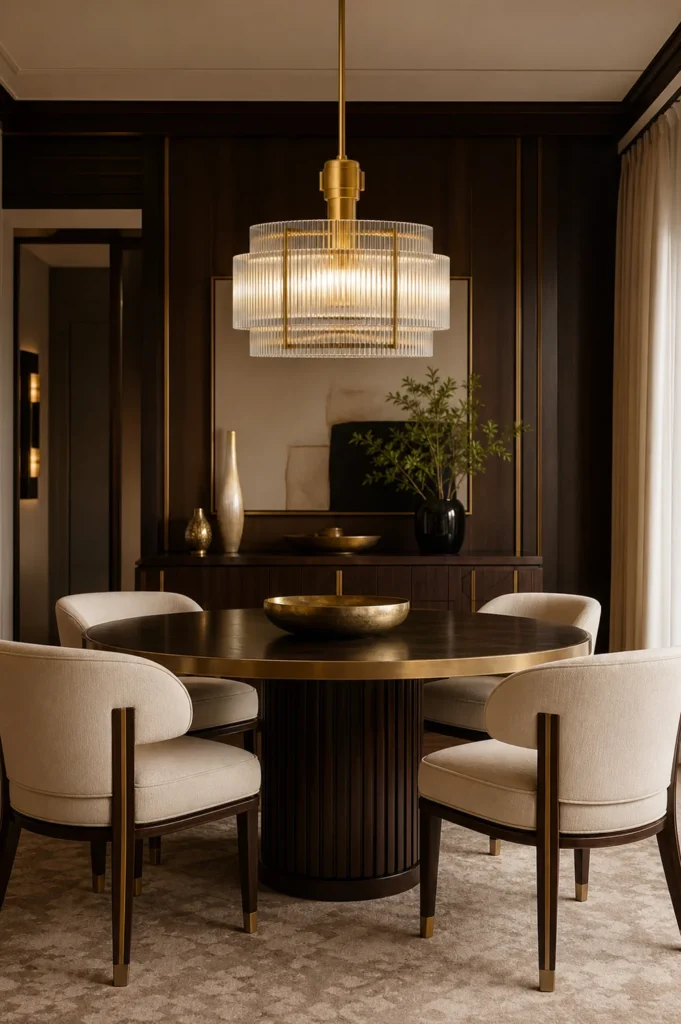 Sculptural pendant light in a Neo Deco dining room