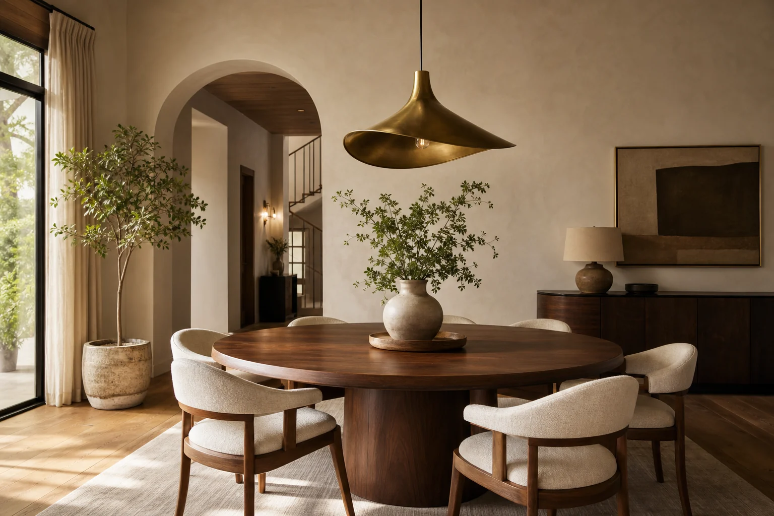 Dining room lighting idea with a sculptural brass pendant above a walnut table