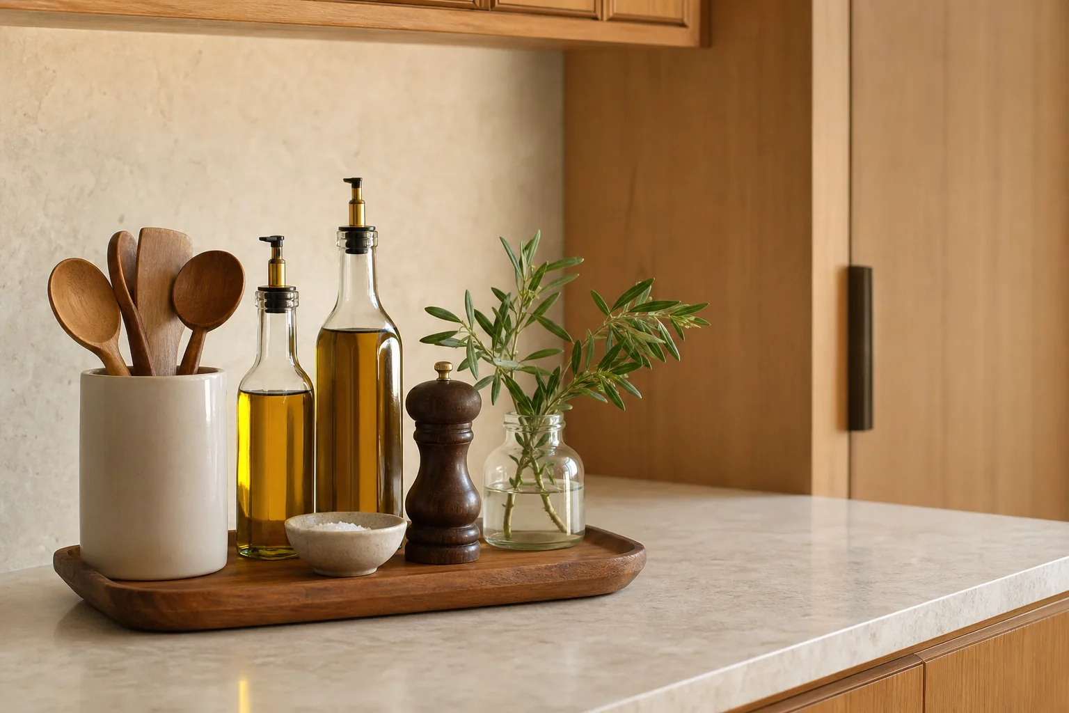 Kitchen countertop tray styled with oil bottles, a small bowl, wooden utensils and greenery
