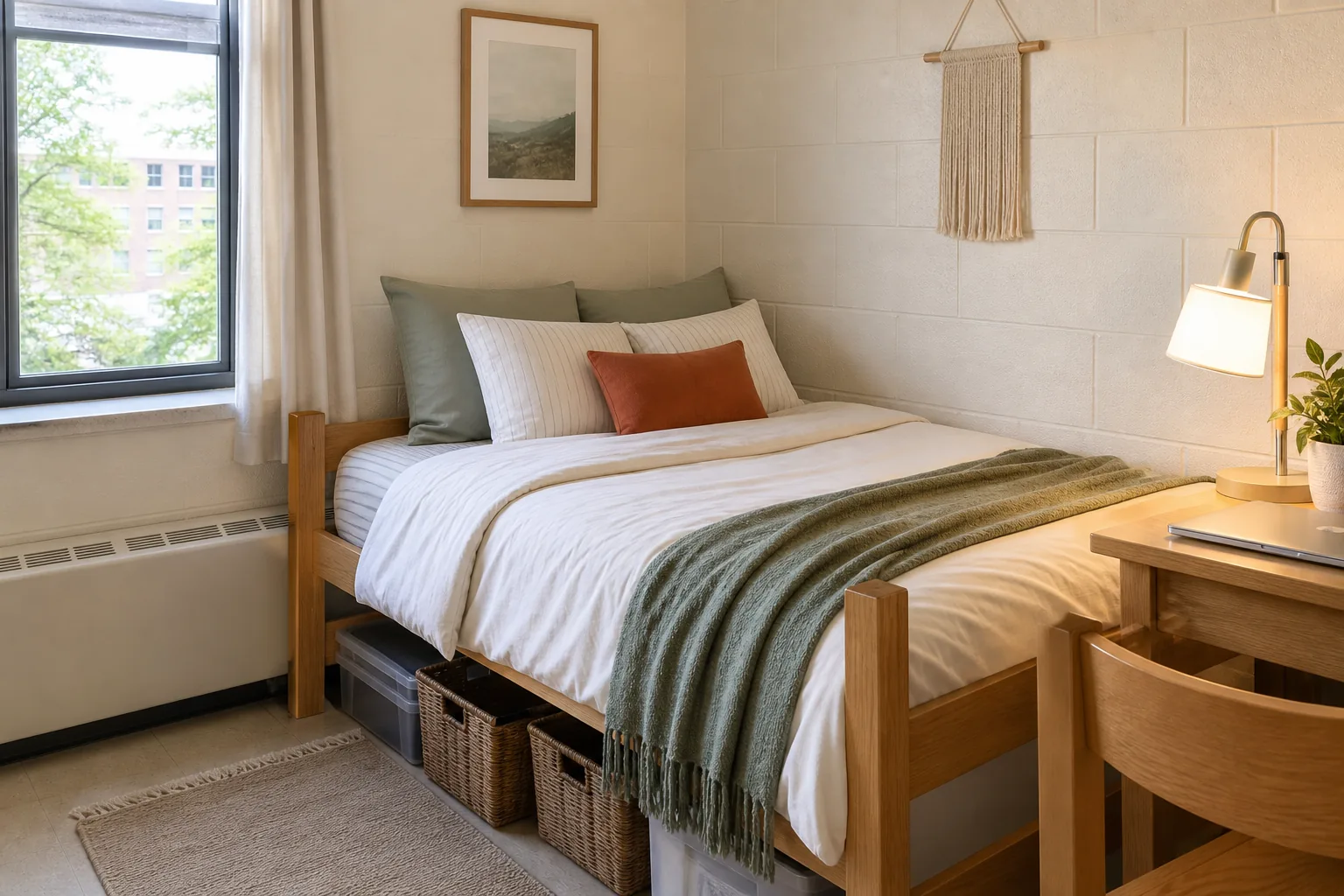 Styled Twin XL dorm bed with crisp ivory duvet, striped sheets, textured throw and supportive lounge pillows