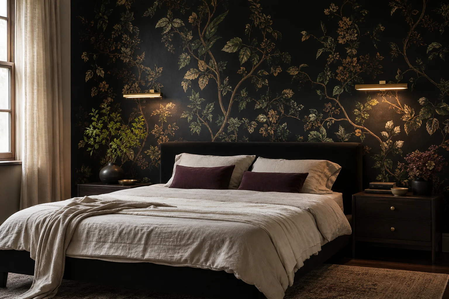 Black bedroom with gold and green botanical wallpaper, simple dark bed and cream layered bedding