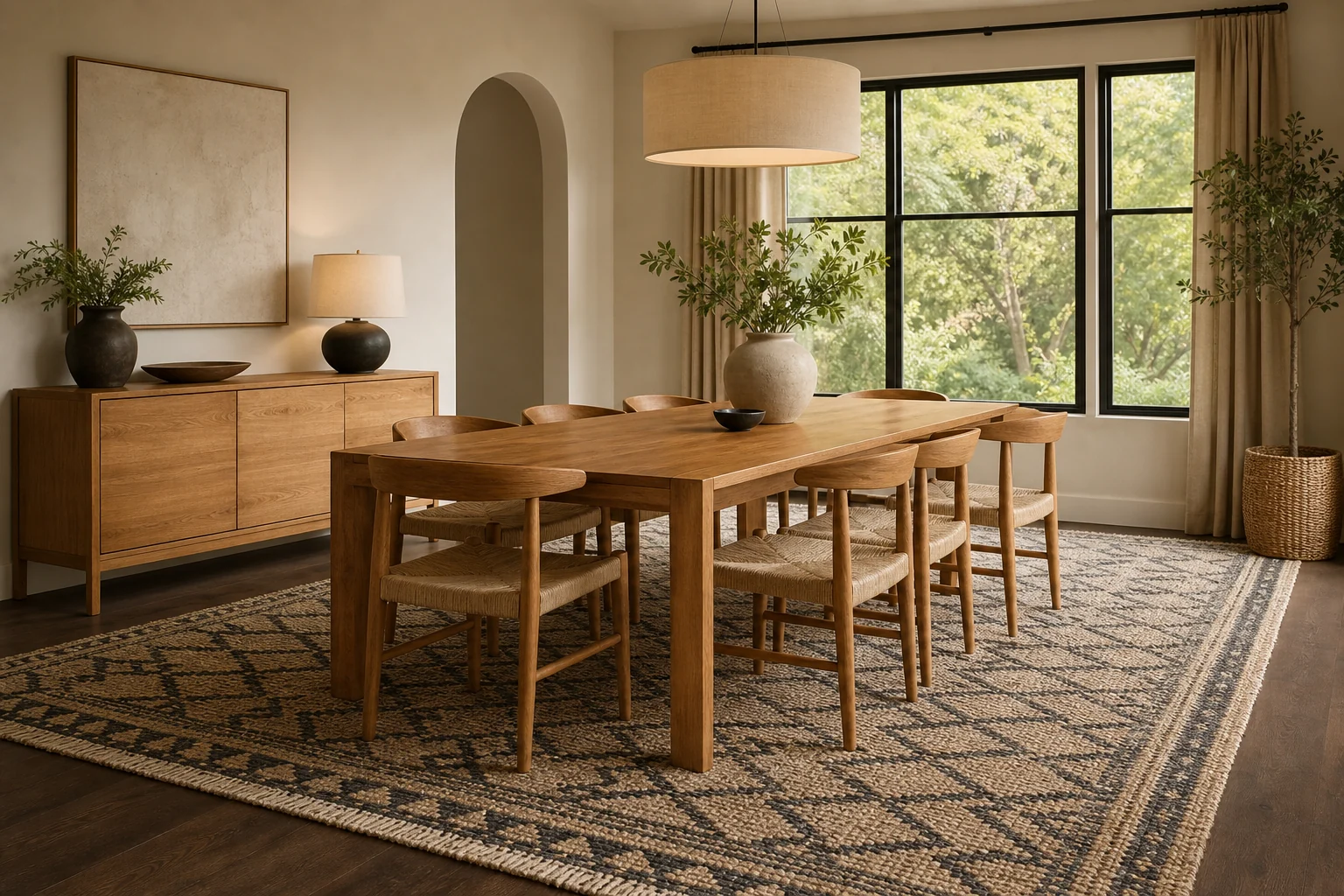 Correctly sized geometric rug beneath a modern dining table and chairs