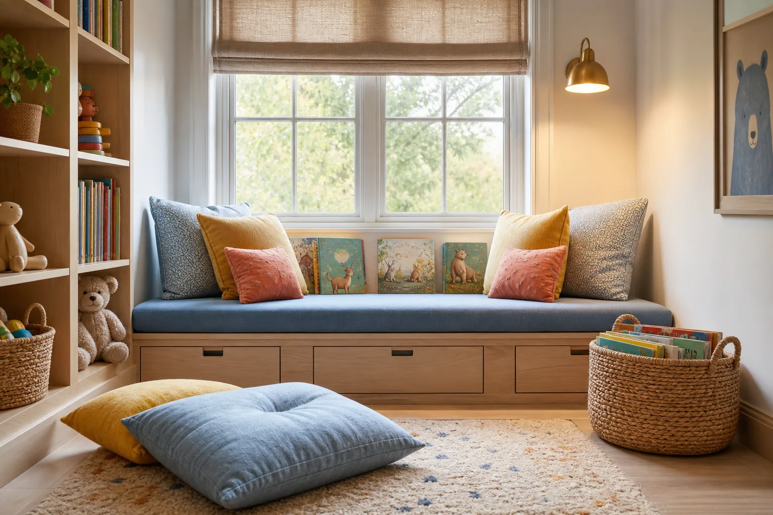 21 Playroom Inspiration Ideas for a Fun, Organized and Beautiful Kids' Space 4 Cozy kids reading nook with a cushioned bench, front-facing books, warm lamp and washable floor pillows