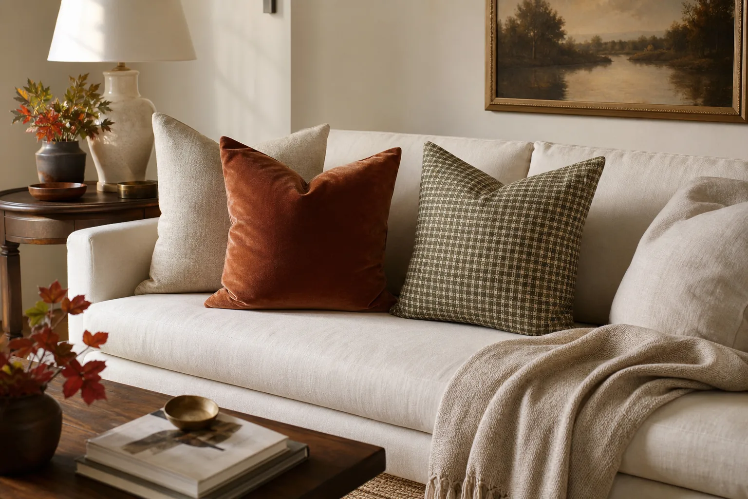 19 Fall Living Room Decor Ideas for 2026 That Feel Cozy and Collected 4 Cream living room sofa styled with two fall pillow covers in rust and olive