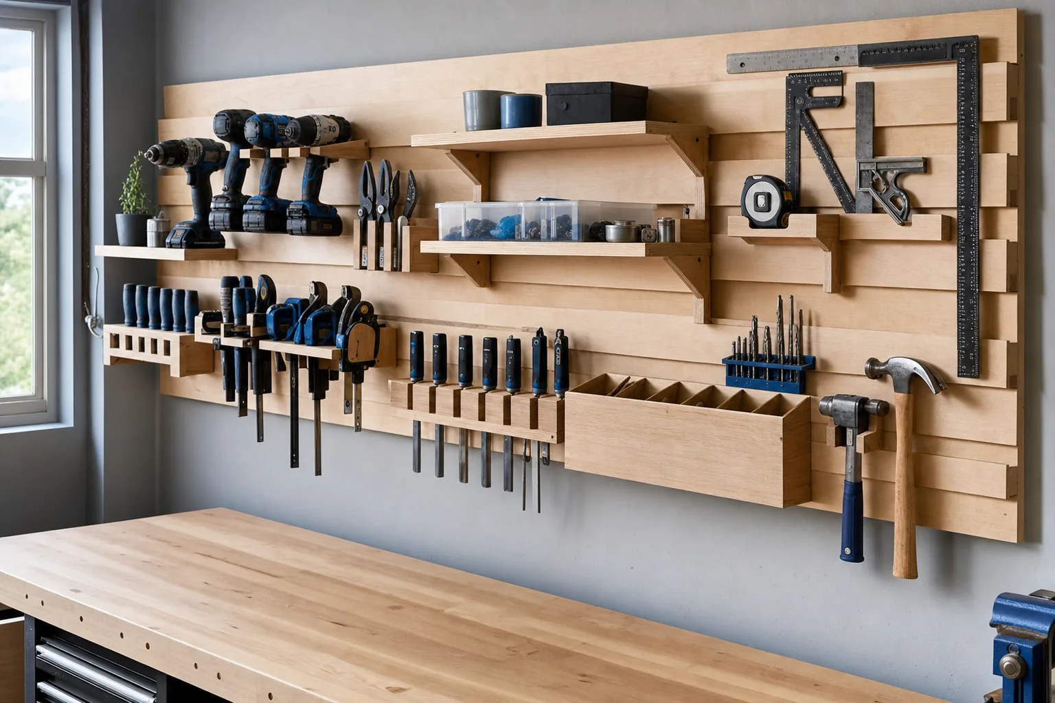 DIY French cleat wall in a garage holding removable wood tool holders and small shelves