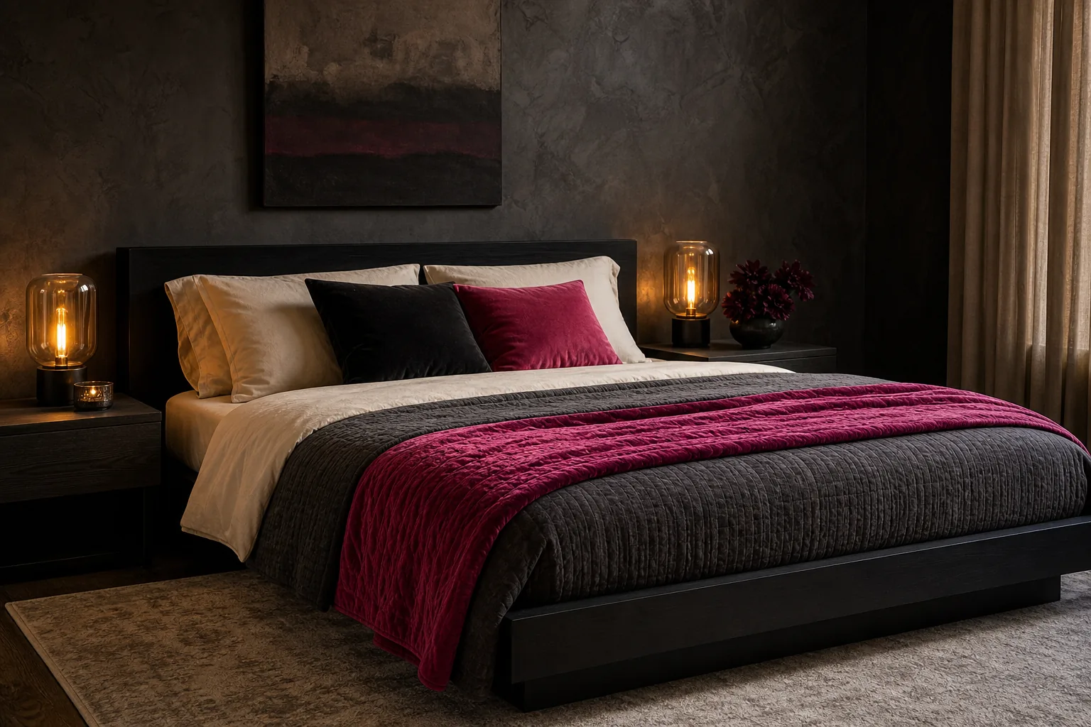 Charcoal bedroom layered with fuchsia velvet bedding, black furniture and warm ivory sheets