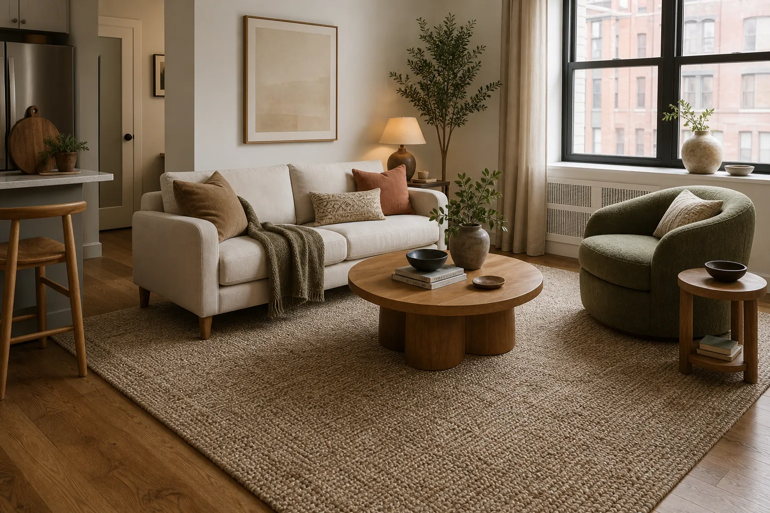 22 Cozy Apartment Aesthetic Ideas That Feel Warm, Not Cluttered 4 Small apartment living room anchored by one large textured rug beneath the sofa and coffee table