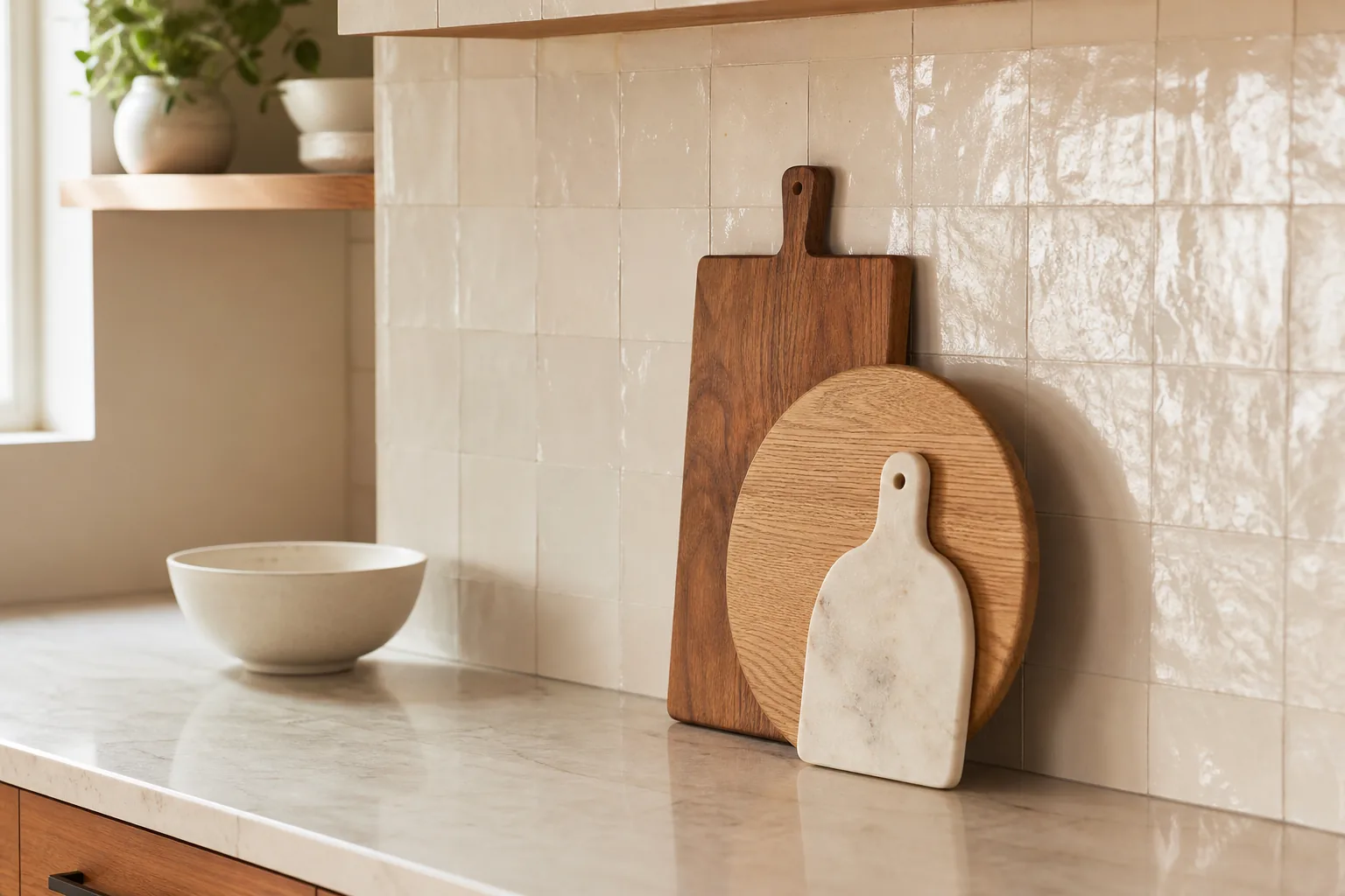 Layered wood and marble cutting boards styled against a warm kitchen backsplash