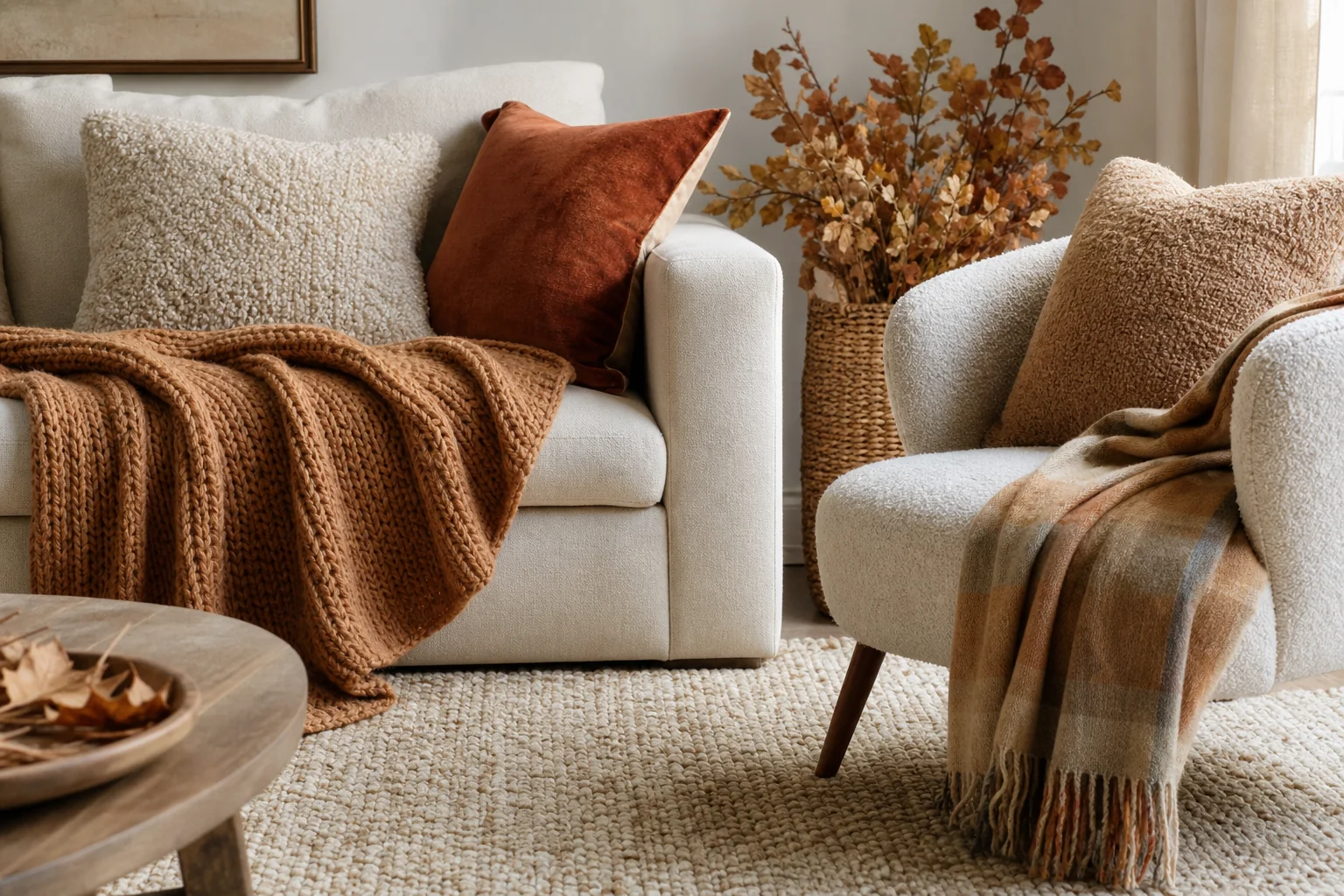 21 Cozy Fall Room Decor Ideas for a Warm, Aesthetic Home 3 Cream seating layered with chunky knit throws, boucle pillows and warm fall textiles