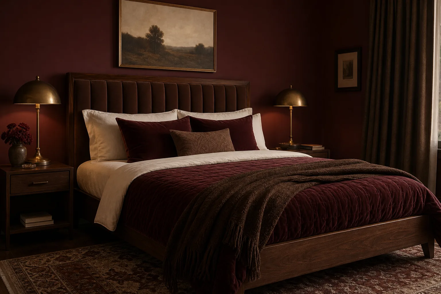 Moody burgundy fall bedroom with velvet bedding, chocolate throw, walnut furniture and brass lamps