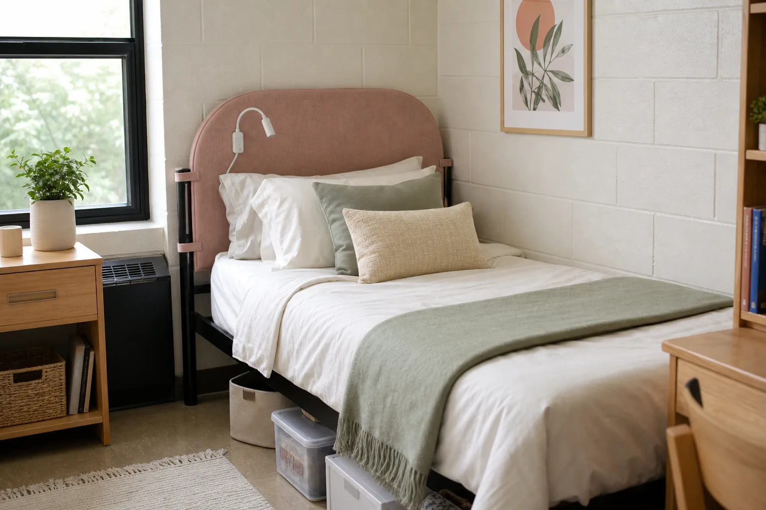 Dorm room bed with a removable curved upholstered headboard, neutral bedding and compact wall-mounted reading light