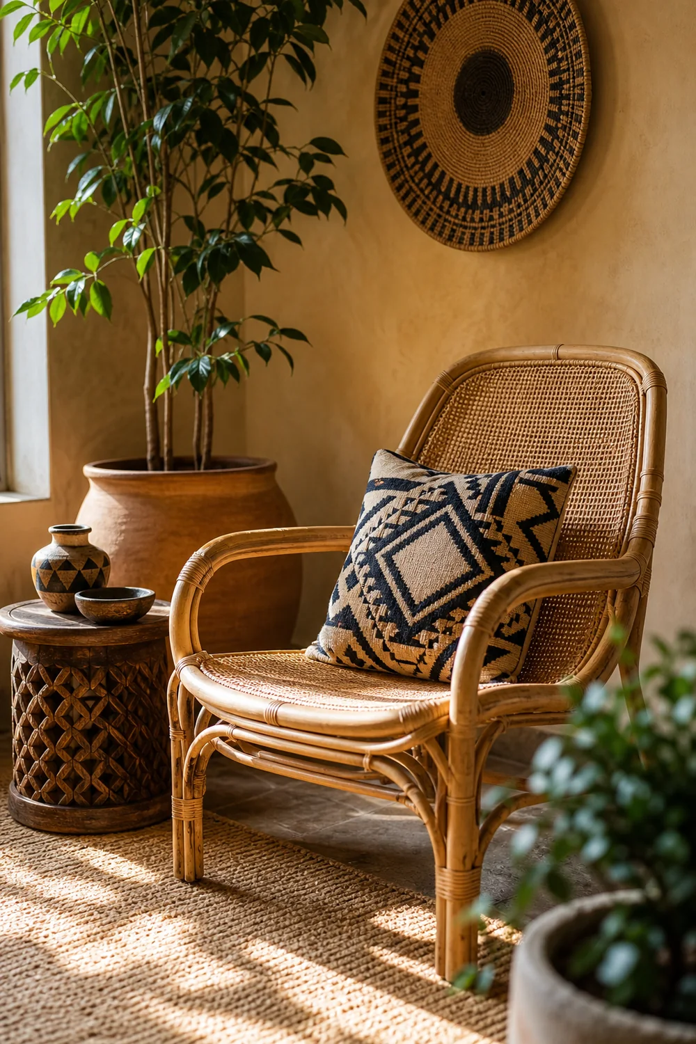 Rattan accent chair in an Afrobohemian reading nook