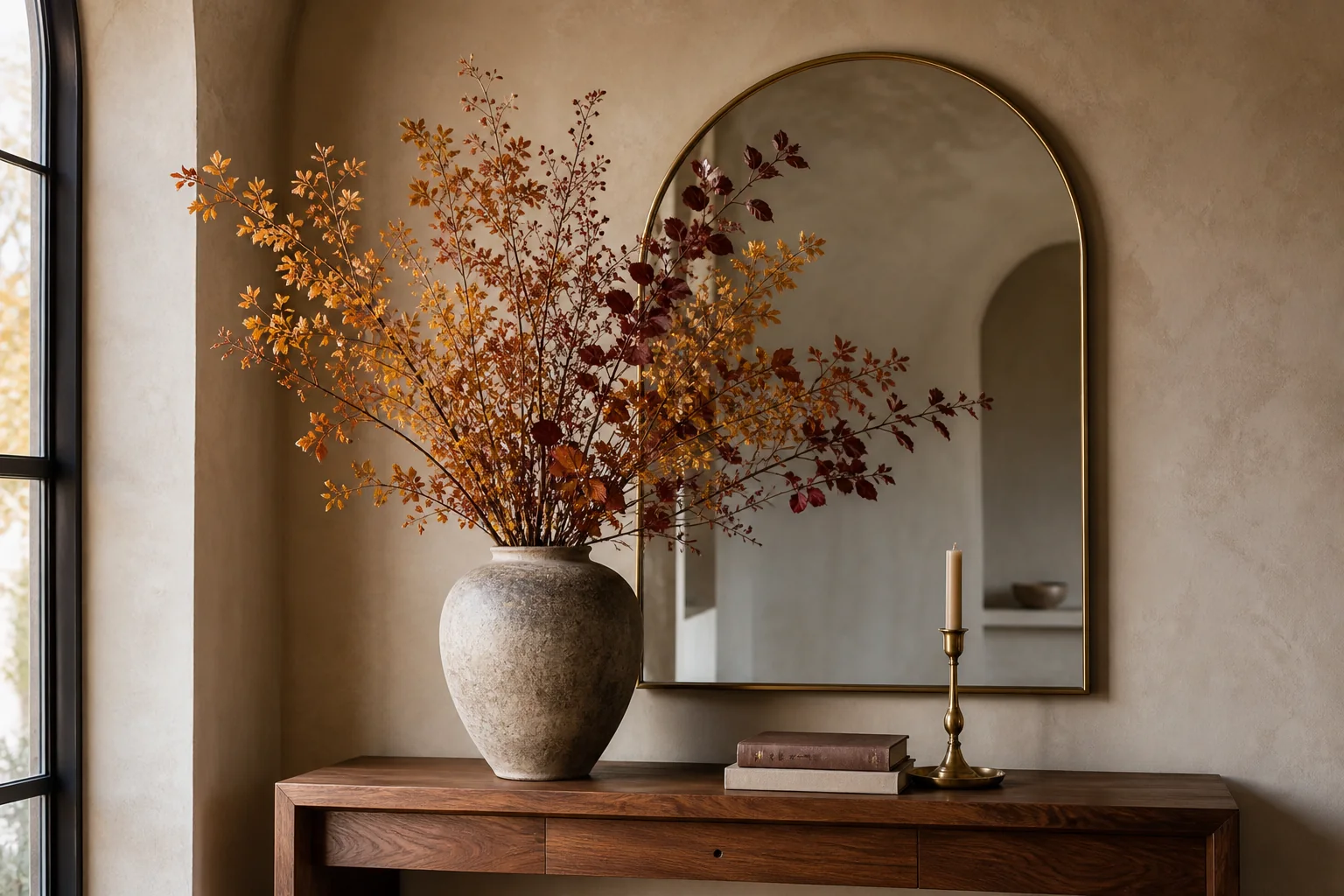 21 Cozy Fall Room Decor Ideas for a Warm, Aesthetic Home 4 Walnut console styled with a large stoneware vase of amber and burgundy autumn branches