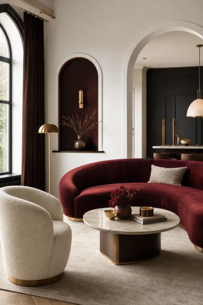 Curved sofa and sculptural Neo Deco furniture