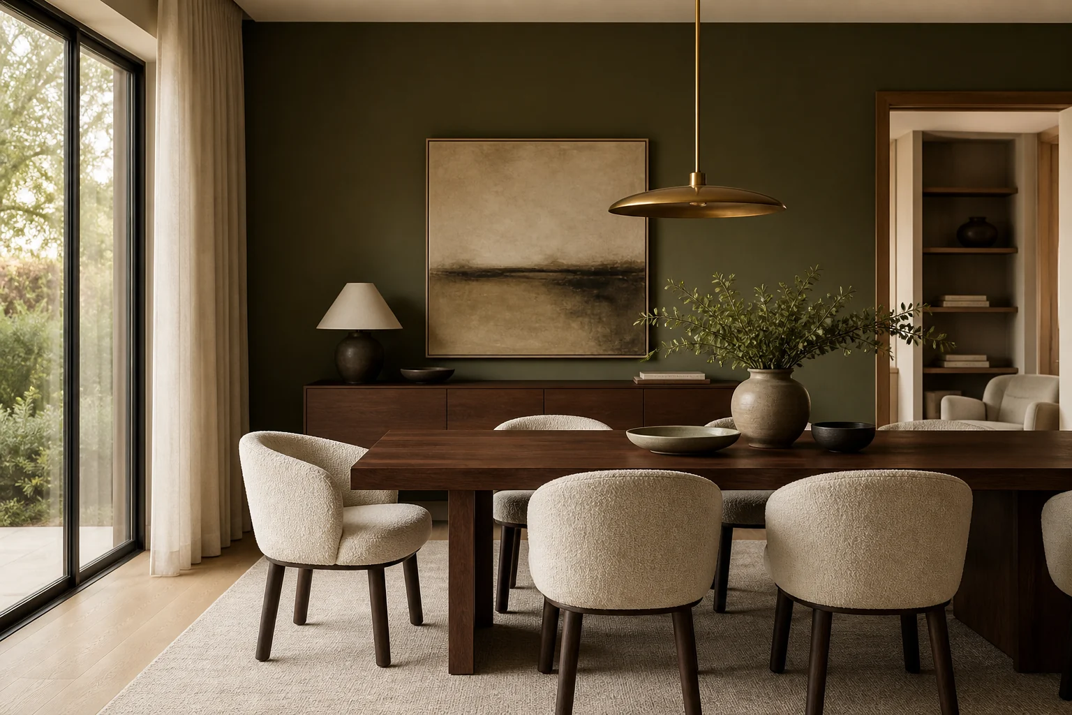 Muted olive dining room accent wall with warm wood furniture