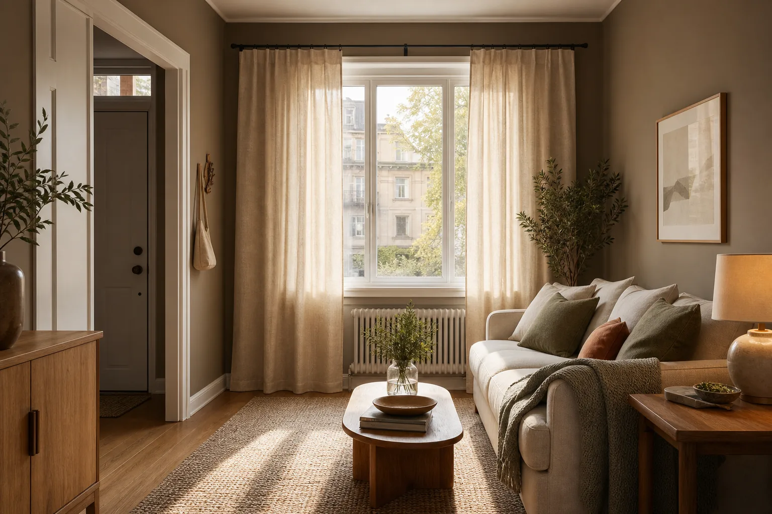 22 Cozy Apartment Aesthetic Ideas That Feel Warm, Not Cluttered 5 Cozy apartment with full-length linen-look curtains filtering warm daylight around a large window
