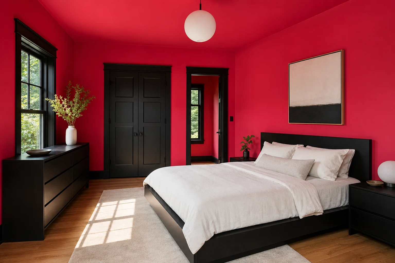 Bold hot pink bedroom with black window trim, black doors and streamlined dark furniture
