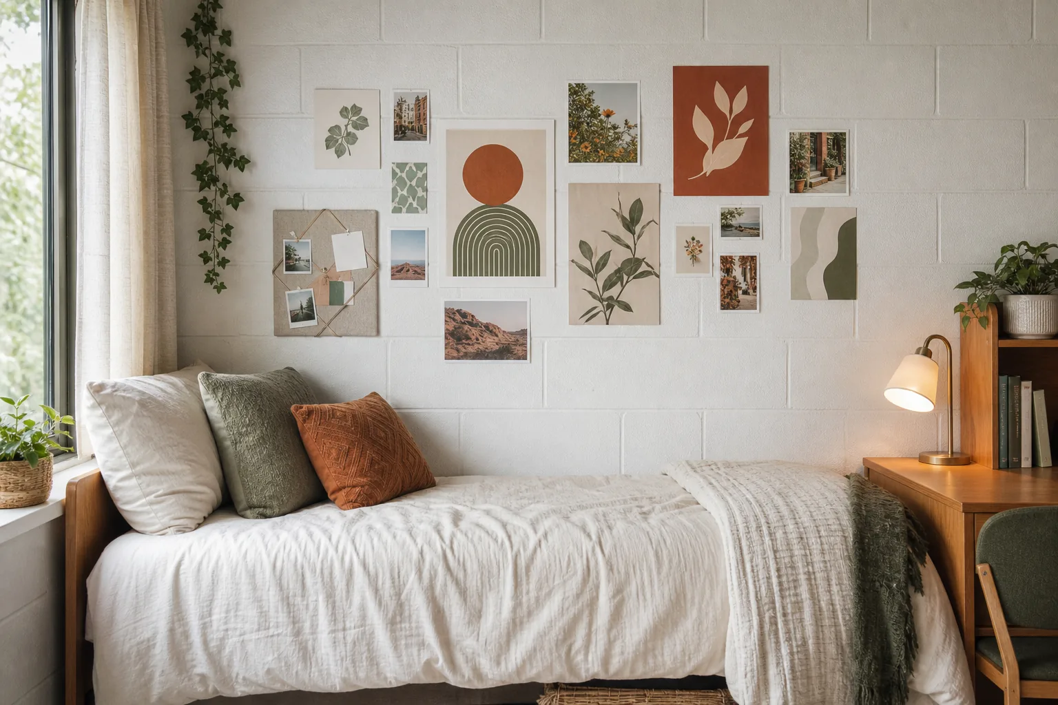Damage-free dorm gallery wall with art prints, photographs, postcards and a fabric pinboard above a neatly styled bed