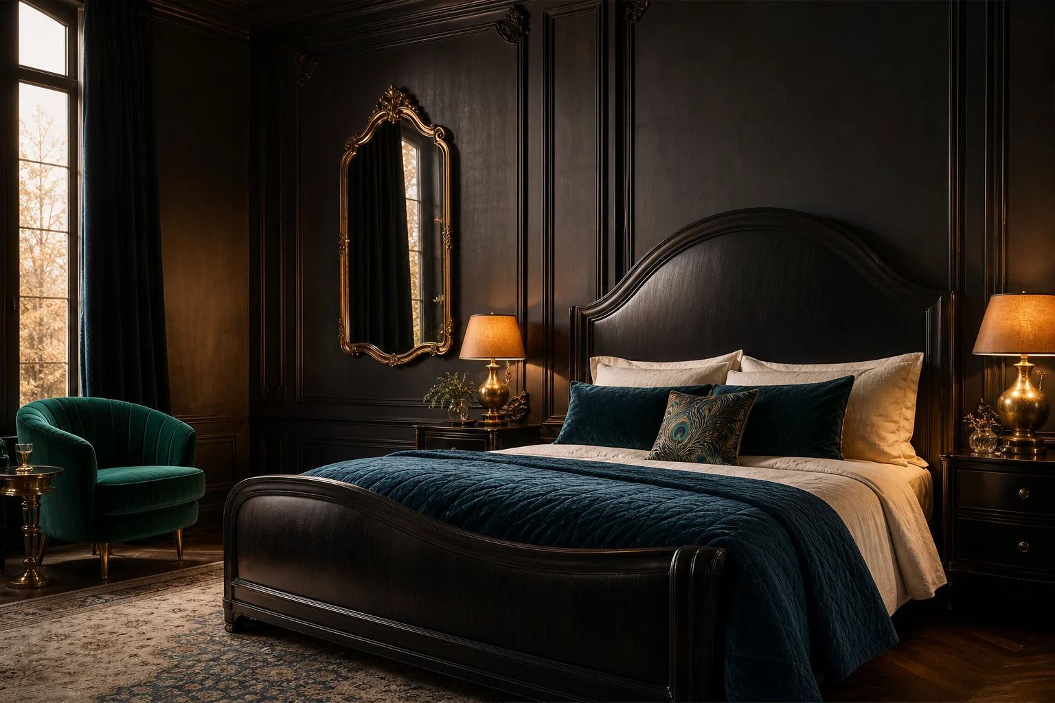 Moody Black Nouveau bedroom with peacock blue velvet, emerald accents, black furniture and gold details