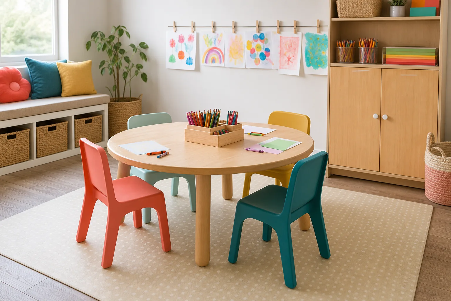 21 Playroom Inspiration Ideas for a Fun, Organized and Beautiful Kids' Space 5 Kids playroom craft station with a low table, washable chairs, organized art supplies and an artwork display rail