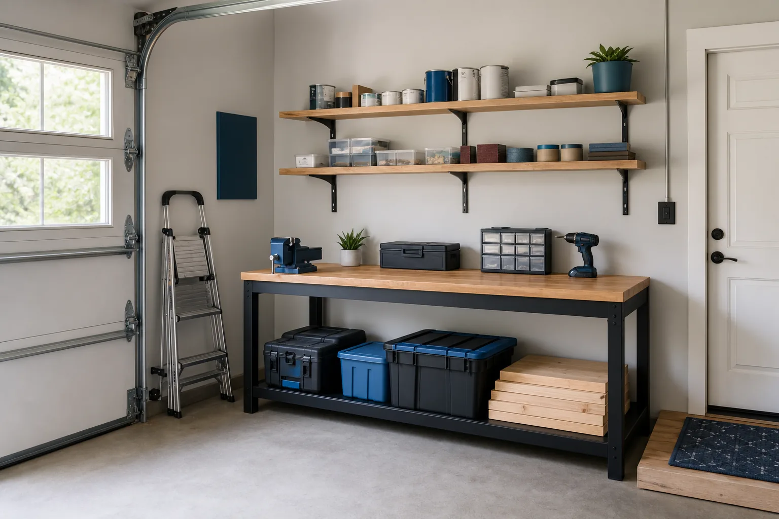 Shallow wall-mounted wood shelves above a garage workbench holding paint supplies and labeled bins
