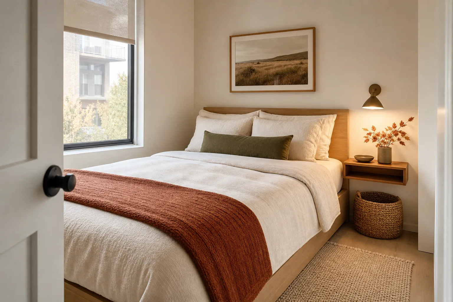Small fall bedroom with cream bedding, a rust throw, olive lumbar pillow and space-saving floating nightstand